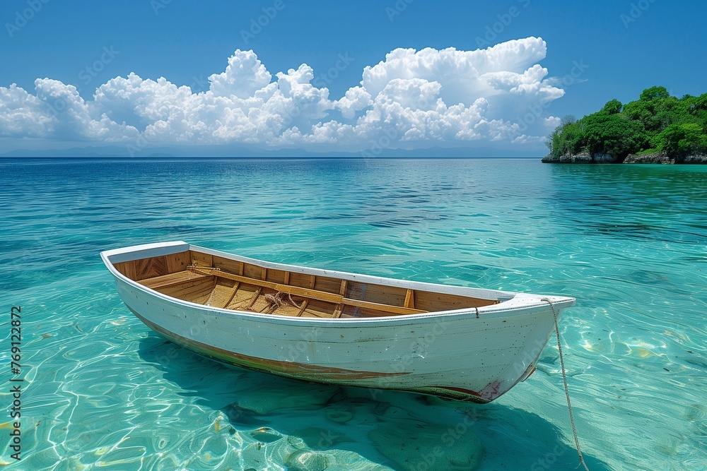 Boat in turquoise ocean water against blue sky with white clouds and a tropical island. Natural landscape for travel and summer vacation, panoramic view.