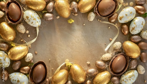 top down view of an easter border frame of robin s eggs and chocolate eggs with copy space in the middle