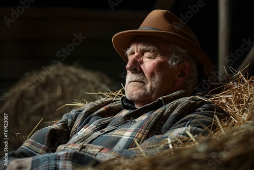 Elderly farmer resting in hayloft. Agriculture industry concept. Farming lifestyle, farmland. Design for banner, poster with copy space photo