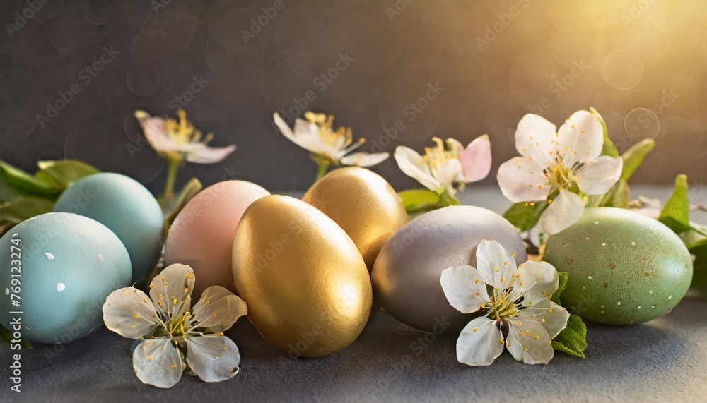 colorful easter eggs with spring flowers on dark background happy easter banner