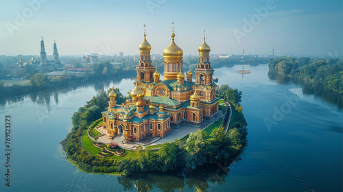 Very beautiful Eastern European  orthodox church with golden domes locates on river at sunny summer day.   photo