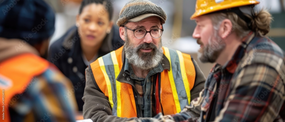 Obraz premium Professional Development Workshop: Construction Manager Hones Critical Skills in Conflict Resolution for Team Cohesion on Construction Site