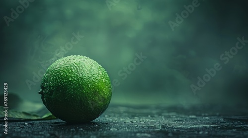   Green apple atop wooden table against leafy background, with smoke emanating from its top