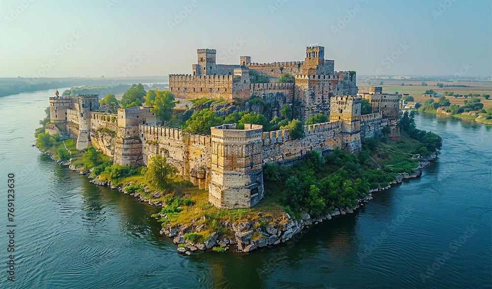Fototapeta premium Old Russian medieval fortress situated on river or lake island at early morning mist and fog with gentle sunrise light