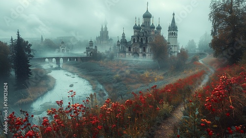 Old Russian medieval monastery situated on river or lake island at early morning mist and fog with gentle sunrise light