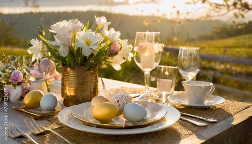 easter table setting with spring flowers and easter eggs easter morning