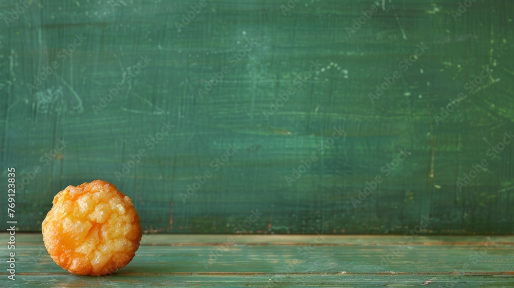   Food atop wooden table with green chalkboard and blackboard backdrop - obrazy, fototapety, plakaty 