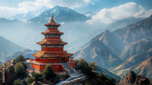 Tibetan temple in high mountains and beautiful panorama with mountains and valley. Travel and culture concept  photo