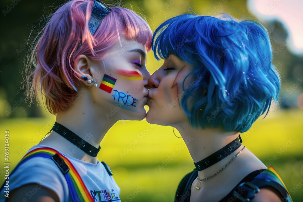 Two lesbian girl kissing, pride , rainbow flag, lqbtq, diversity concept, parade background, love and romance, gay template