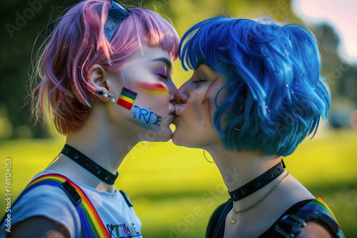 Obraz na płótnie Two lesbian girl kissing, pride , rainbow flag, lqbtq, diversity concept, parade background, love and romance, gay template w salonie