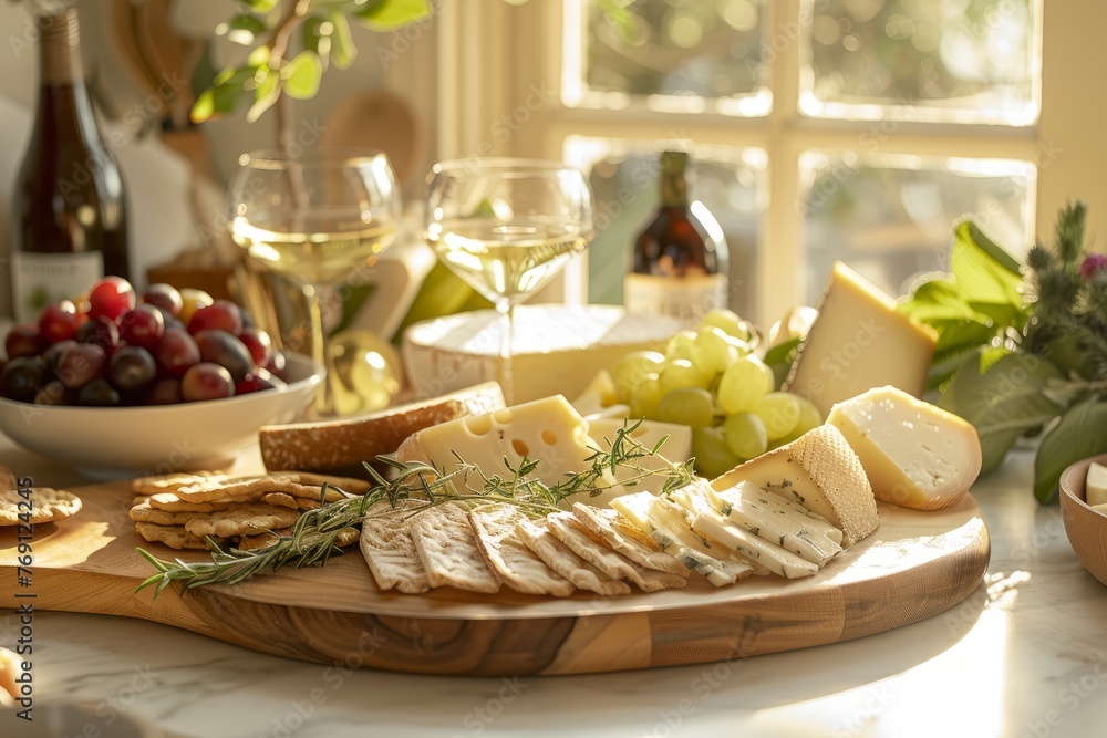 A wooden board is covered with an assortment of cheeses and crackers, creating a delicious spread ready for snacking