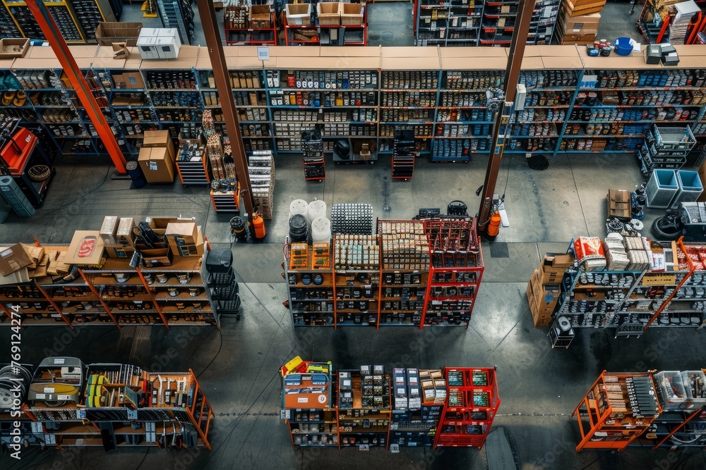 A birds eye view of a large warehouse filled with numerous shelves holding auto parts in a well-organized manner