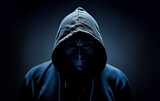 Mysterious person in hoodie wearing mask over dark background, anonymity concept