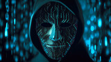 Mystarious hooded figure with circuit board mask on dark background