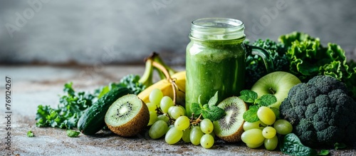 Healthy Green Smoothie and Fresh Ingredients on Table