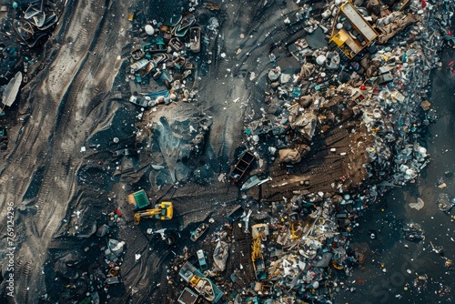 A drone captures an aerial view of a landfill with a pile of trash overflowing onto the surrounding area © Ilia Nesolenyi