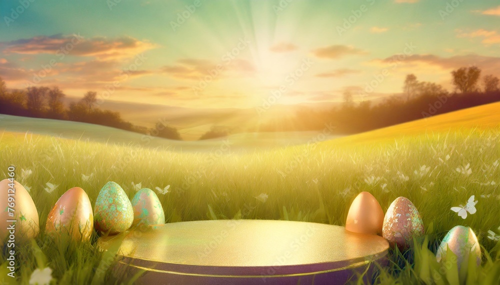 easter product display table with easter eggs and spring meadow generative