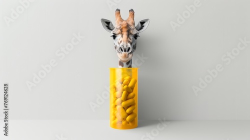   Giraffe sticking head through yellow tube with yellow pills against white background © Jevjenijs
