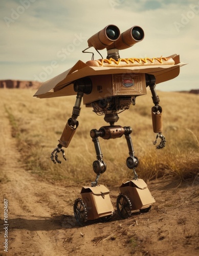 A whimsical exploration robot with binocular eyes and solar panels treks across a barren landscape, evoking curiosity and adventure