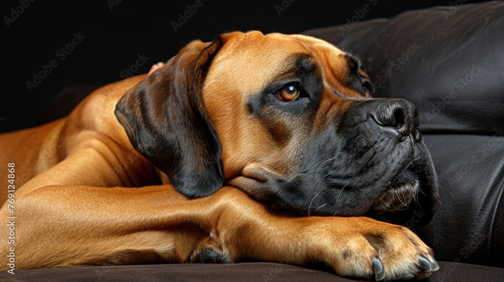   A close-up picture of a dog relaxing on a couch, with its head leaning on a cushion