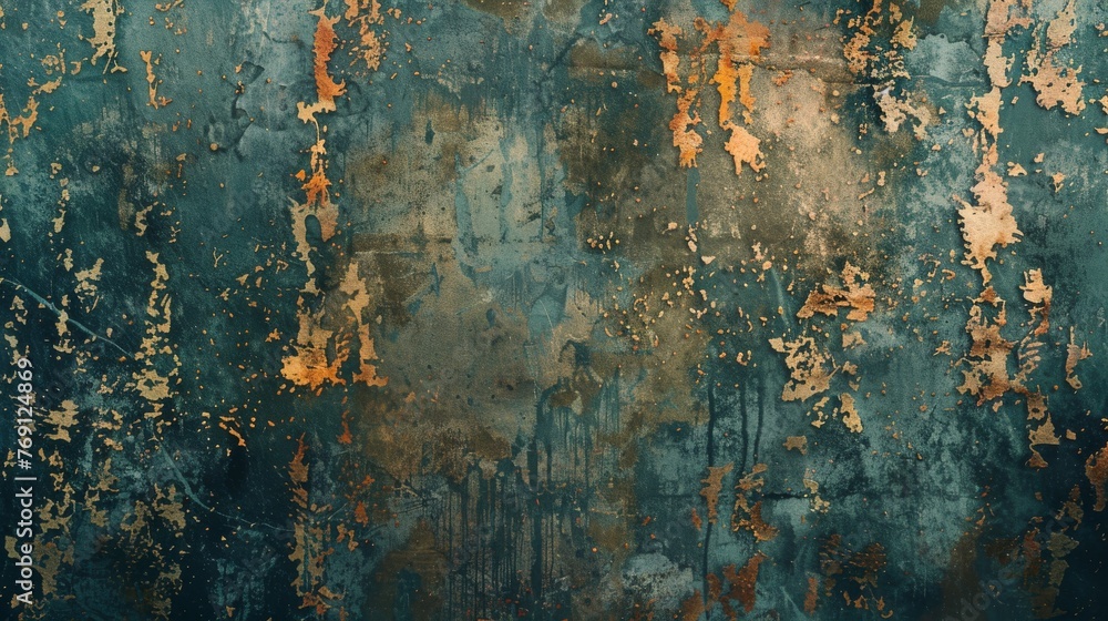 A rusted metal texture, with layers of peeling paint in faded 1950s-style colors, symbolizing the decaying remnants of a once-advanced civilization created with Generative AI Technology - obrazy, fototapety, plakaty 
