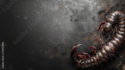  A macro shot of a centipede on a rusted metal plate against a dark background © Jevjenijs