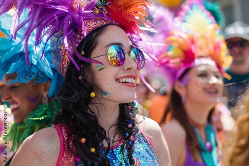 A woman wearing a vibrant headdress marches in a colorful parade with other participants