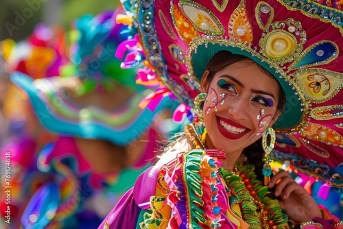 A woman wearing a vibrant colorful costume and intricate headdress in a parade procession