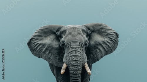   An elephant stands tall in front of a blue sky, facing the camera with its trunk held high