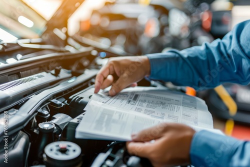 A mechanic is pointing to a car engine diagnostic report, focusing on troubleshooting and repairs