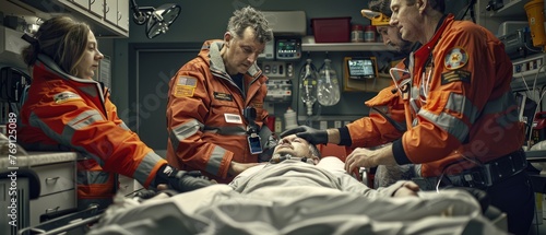 Emergency Room Doctor Making Rapid Decisions to Save a Life in a Busy Hospital Amidst Chaos of Critical Condition photo