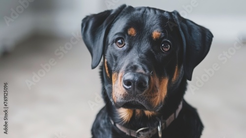  A close-up portrait of a mixed breed dog gazing directly at the camera with a melancholic expression on its face