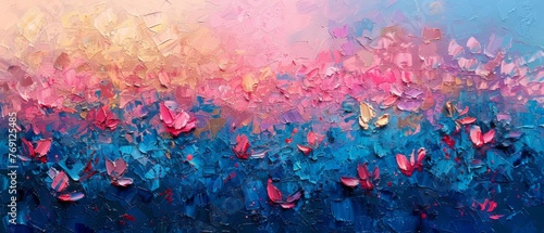   Painting of multi-colored flowers on a dual blue-pink background with a pink sky photo