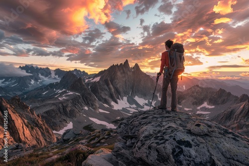 A man wearing a backpack stands triumphantly atop a mountain  with a dramatic skyline in the background