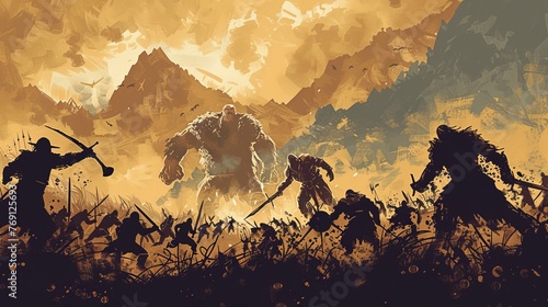 Silhouettes of hobbits and orcs engaged in epic combat, set against a dramatic backdrop photo