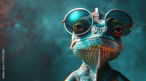 Close-up shot a colorful a chameleon wearing sunglasses on a dark aqua background