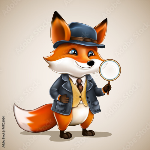 cute fox detective in hat and coat with a magnifying glass. funny animal in search. vector cartoon character illustration.