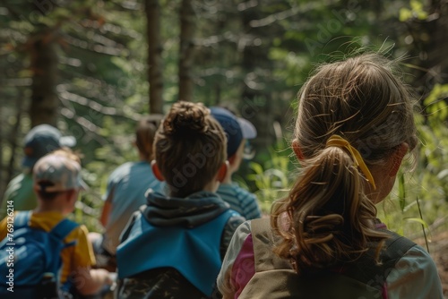 Children led by a guide exploring a forest, walking in a group while listening intently to the guides instructions