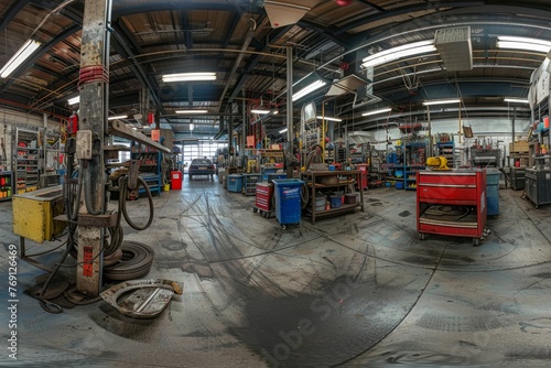 A view inside a busy mechanics workshop filled with various equipment and tools as a mechanic works with a customer