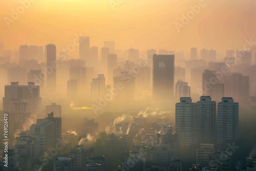 A panoramic view of a cityscape shrouded in thick fog, creating an atmospheric scene