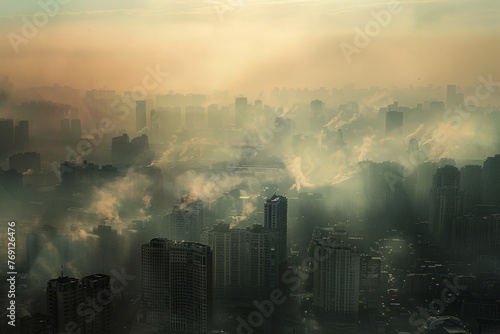 Aerial perspective of a smog-covered cityscape obscured by thick fog  creating a hazy and atmospheric scene