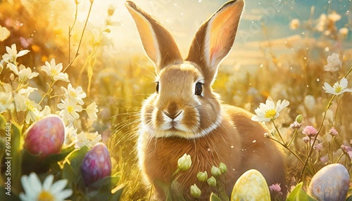 cute illustration with easter bunny realistic drawing of a rabbit in pastel colors hare with spring flowers symbol of easter created with technology #769126483
