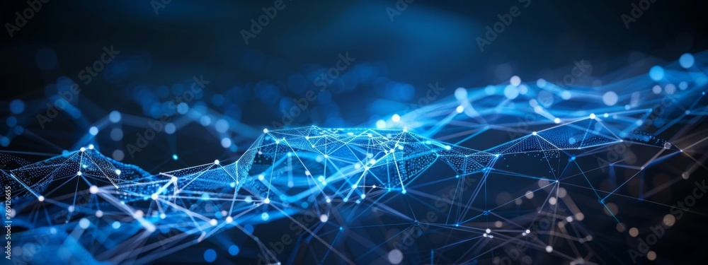 Blue abstract background with a network grid and particles connected. Sci-fi digital technology with line connect network and data graphic background. Abstract polygonal wallpaper Blue abstract background with a network grid and particles connected. Sci-fi digital technology with line connect network and data graphic background. Abstract polygonal wallpaper