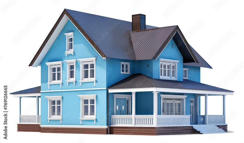 Big Blue traditional american two-story house isolated on transparent background, png	