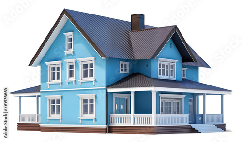 Big Blue traditional american two-story house isolated on transparent background, png 