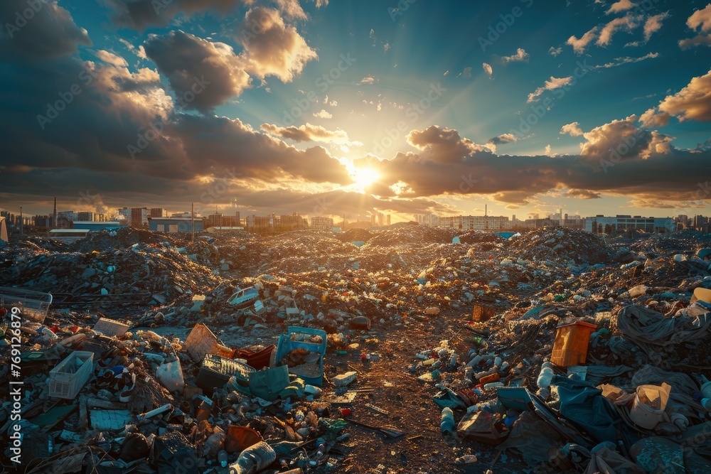 The sun sets over a large pile of industrial waste at a dumping site