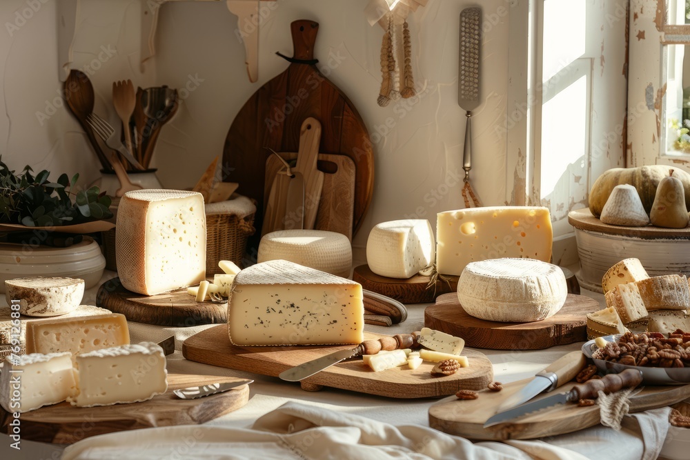 A wide shot of a variety of cheeses displayed on a table, with kitchen utensils nearby