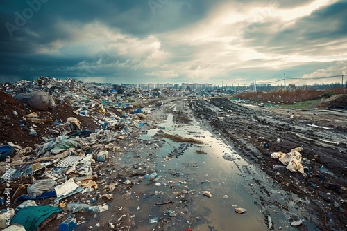 A large amount of trash is piled up on top of a dirt field in an industrial waste dumping site