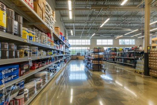 A commercial photo showing a well-organized auto parts store with lots of shelves filled with items, bathed in natural light photo