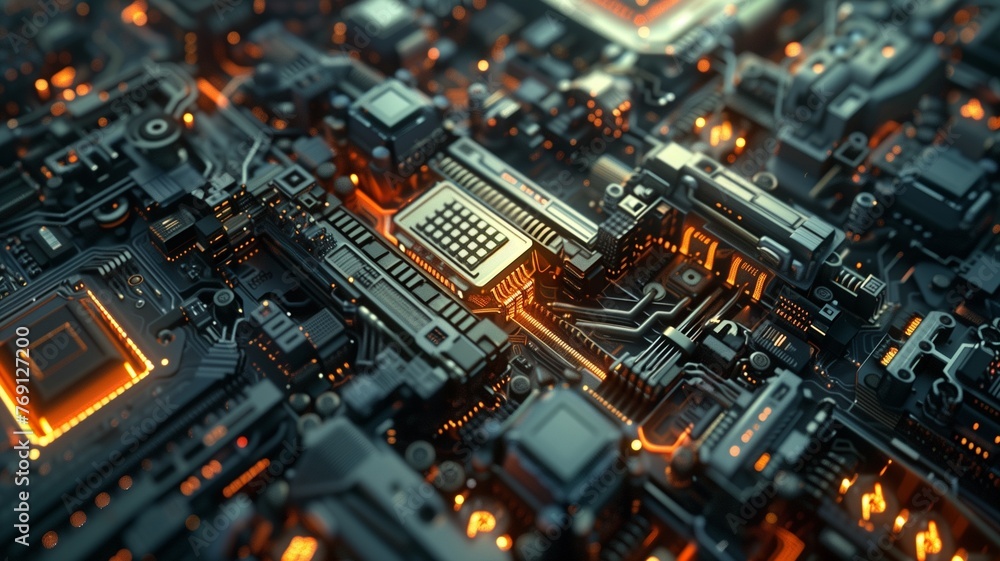 Highly detailed technology texture, AI supercomputer Chrome, insane level of detail throughout circuitry, cinematic depth of field, high contrast lighting, CPU and GPU , circuits interconection.